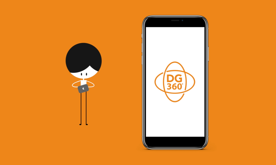 Een afbeelding die een mobiele telefoon bevat waar de logo van DG-360 op staat en een menselijke vector die naast de mobiele telefoon staat.