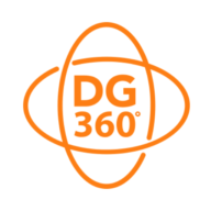 LOGO midden in twee halo's tekst DG 360 kleur #FD7E14 witte achtergrond