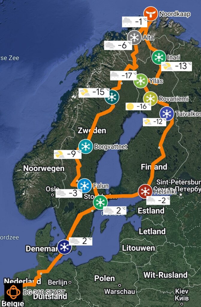 Kaart europa route noordkaap challenge 2023 Route oranje lijn stops route weer per locatie