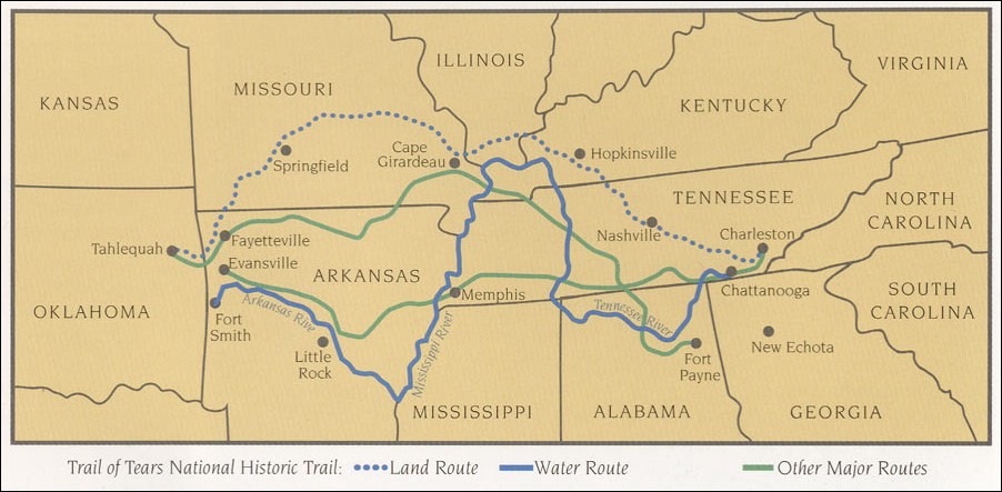 Trail of Tears National Historic Trail Route by land (blue dots), water (blue line), other major routes (green line)